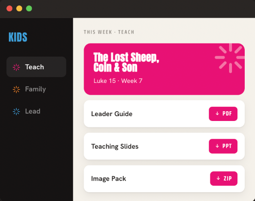 New Creation Kids platform preview showing this week's teaching lesson downloads