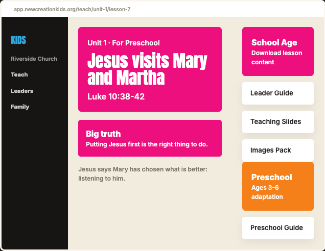 New Creation Kids platform lesson page showing resources and age group downloads